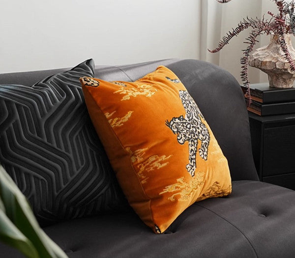 Contemporary Modern Sofa Pillows, Yellow Embroidery Tiger Pattern Pillows for Couch, Decorative Throw Pillows for Bedroom, Large Modern Sofa Pillow for Living Room-Silvia Home Craft
