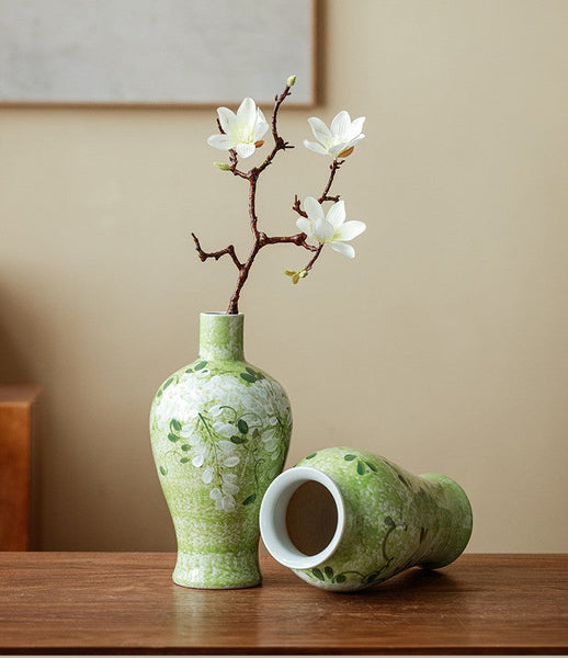 Centerpiece Ceramic Bud Vases, Large Flower Vases on Table, Green Porcelain Flower Vases, Handmade Water Holding Flower Vase-Silvia Home Craft