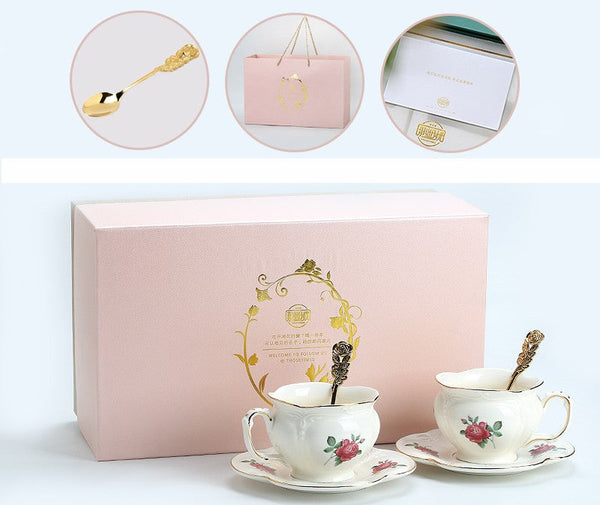 British Royal Ceramic Cups for Traditional Afternoon Tea, 7.4 oz Ceramic Coffee Cups, Rose Porcelain Tea Cup Saucer Set, 6.8 oz Tea Cup and Saucer in Gift Box-Silvia Home Craft