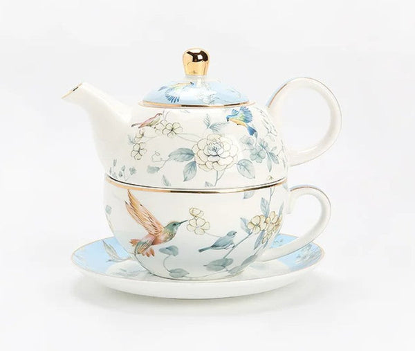 Stackable Teapot and Cup Set, Ceramic Tea Pot with Integrated Cup, Porcelain Teapot with Matching Cup and Saucer in Gift Box, Mother-and-Baby Teapot with Matching Saucer-Silvia Home Craft