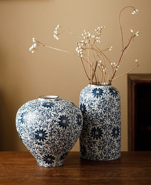 Vintage Bouquet Flower Vases, Centerpiece on Dining Table, Large Blue Flower Vase on Table, Handmade Porcelain Flower Vases Urn, Water Holding Flower Vases-Silvia Home Craft