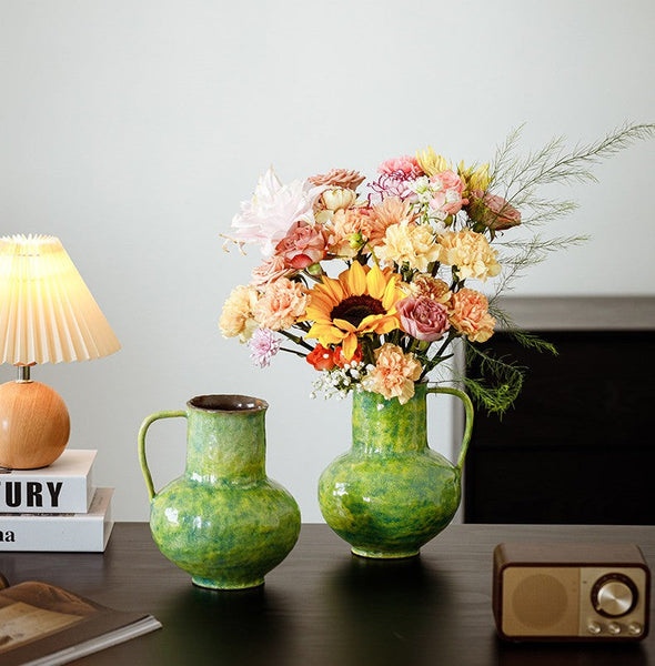 Centerpiece on Dining Table, Modern Pottery Flower Vases, Handmade Water Holding Flower Vases, Pottery Bud Vases, Large Green Flower Vases on Table-Silvia Home Craft