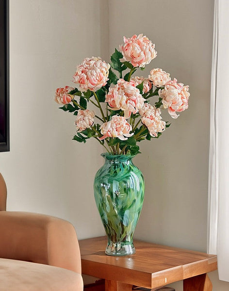 Large Green Glass Flower Vases, Modern Glass Flower Vases, Water Holding Flower Vases, Handmade Flower Vases on Table-Silvia Home Craft