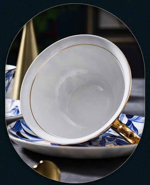 Blue Porcelain Tea Cup Saucer Set, 7.4 oz British Ceramic Coffee Cups, Unique British Tea Cup and Saucer in Gift Box-Silvia Home Craft
