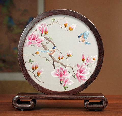 Unique Birthday Gift, Flower and Bird Embroidery Ornaments, Traditional Chinese Suzhou Silk Embroidered Ornament, Premium Souvenir, Exclusive Business Presents-Silvia Home Craft