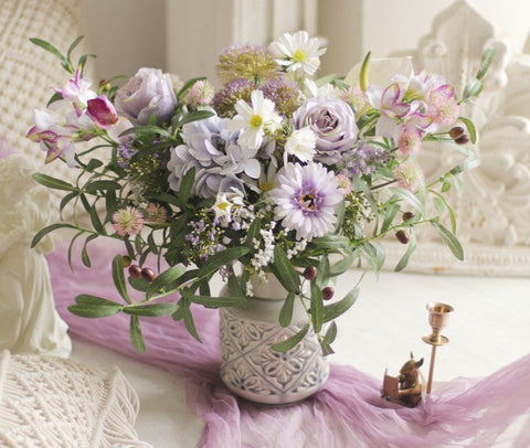Beautiful Spring Flower Arrangement for Home Decoration, Table Centerpiece, Large Bunch of Purple Romantic Flowers, Real Touch Artificial Floral for Living Room-Silvia Home Craft