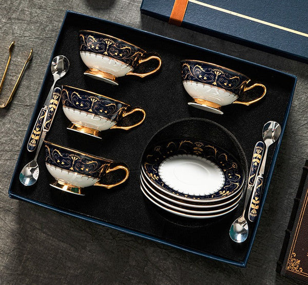 Bone China Porcelain Tea Cup Set, Unique Blue Tea Cup and Saucer in Gift Box, Royal Ceramic Cups, Elegant Ceramic Coffee Cups-Silvia Home Craft