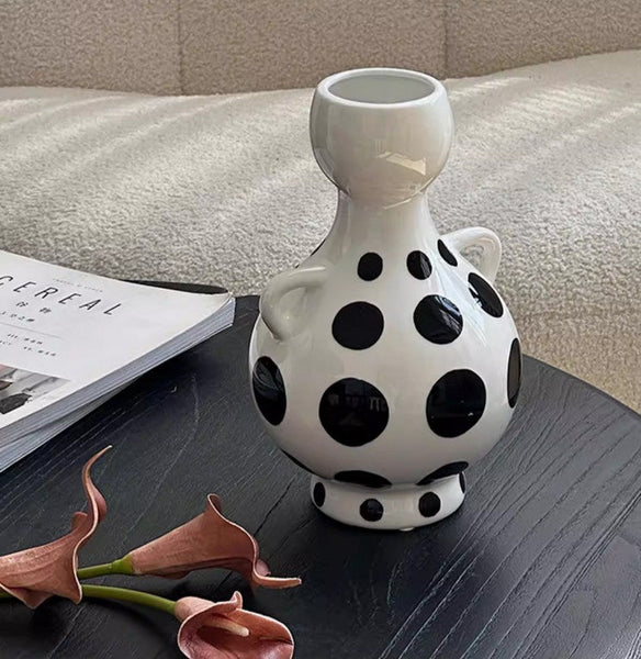 Ceramic Bud Vases, Small Flower Vases on Table, Black and White Polka Dot Flower Vase, Modern Porcelain Flower Vases, Handmade Water Holding Flower Vases-Silvia Home Craft