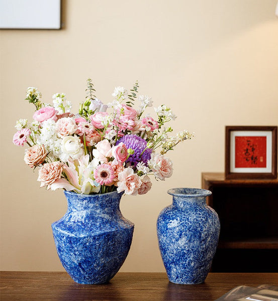 Modern Pottery Flower Vases, Handmade Water Holding Flower Vases, Centerpiece on Dining Table, Blue Pottery Bud Vases, Large Flower Vases on Table-Silvia Home Craft