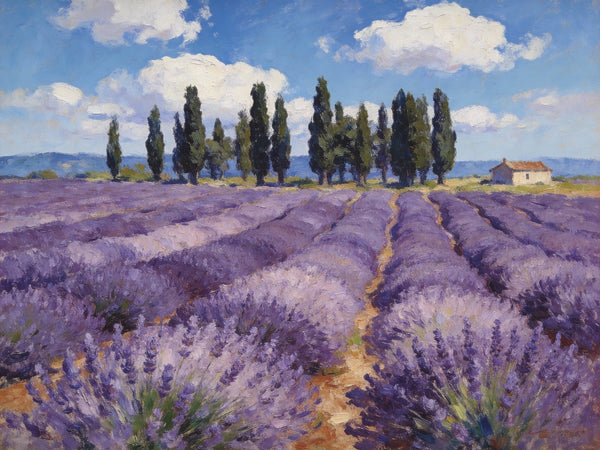 On Canvas Small Paintings, Rural Provence Idyll, Lavender Fields, Trees, and a Cottage, Landscape Canvas Paintings, Simple Painting Ideas, Hand Painted Wall Art, Small Wall Paintings-Silvia Home Craft