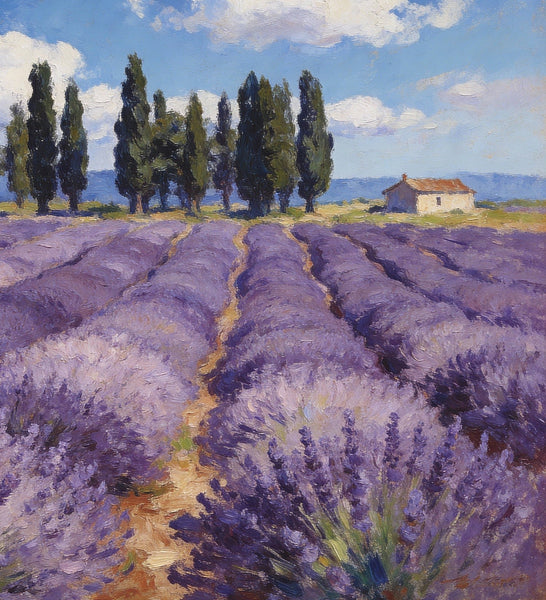 On Canvas Small Paintings, Rural Provence Idyll, Lavender Fields, Trees, and a Cottage, Landscape Canvas Paintings, Simple Painting Ideas, Hand Painted Wall Art, Small Wall Paintings-Silvia Home Craft