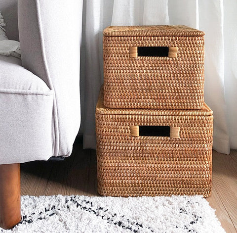 Rectangular Storage Basket with Lid, Rattan Storage Basket for Shelves, Extra Large Storage Baskets for Bedroom, Storage Baskets for Clothes-Silvia Home Craft