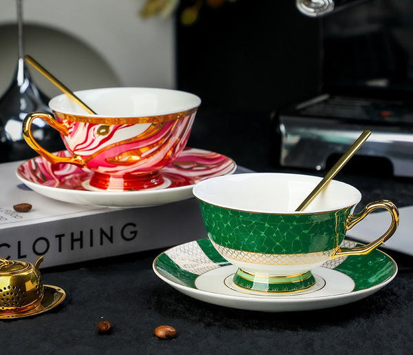 Ceramic Coffee Cup with Saucer, Beautiful British Tea Cup and Saucer, 6.8 oz Tea Cup and Saucer Set of of 2 Cups in Gift Box, 8 Ounce Porcelain Tea Cup Saucer Set-Silvia Home Craft