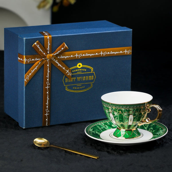Porcelain Tea Cup and Saucer Set, British Royal Tea Cup and Saucer in Gift Box, 8 oz British Green Tea Cup set, Elegant Ceramic Coffee Cups-Silvia Home Craft