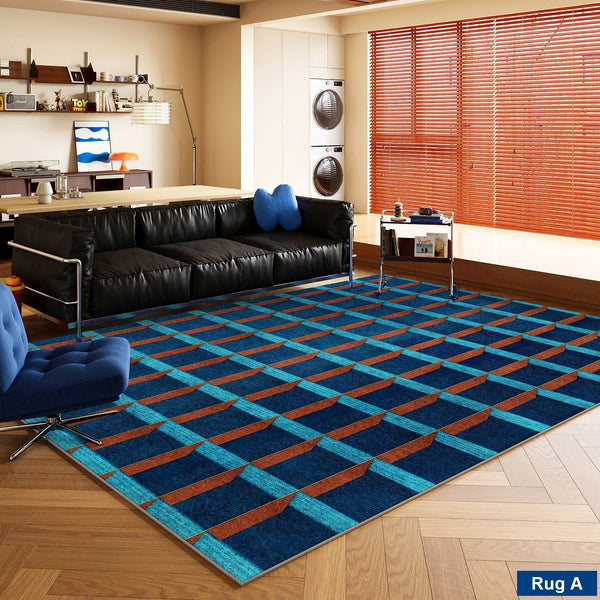 Mid Century Modern Rugs, Bedroom Modern Floor Carpet, Blue Modern Rug Designs, Contemporary Modern Rugs for Dining Room, Living Room Rug Ideas-Silvia Home Craft