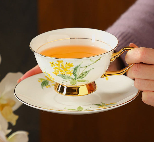 Elegant Floral Ceramic Coffee Cup and Saucer, Flower Tea Cup and Sucer Set, British Royal Ceramic Tea Cups for Afternoon Tea, Porcelain Tea Cup and Saucer Set in Gift Box-Silvia Home Craft