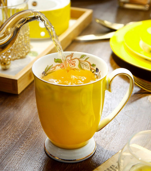 Creative Yellow Bone China Porcelain Tea Cup, Elegant Yellow Ceramic Mug, Unique Royal Ceramic Mugs, Beautiful British Tea Cups-Silvia Home Craft