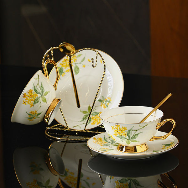 Elegant Floral Ceramic Coffee Cup and Saucer, 7.4 oz Flower Tea Cup and Saucer Set, British Royal Ceramic Tea Cups for Traditional Afternoon Tea, Porcelain Tea Cup and Saucer Set in Gift Box-Silvia Home Craft