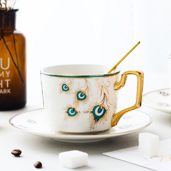 Peacock Tail Pattern Porcelain Coffee Cups, British Tea Cups, Coffee Cups with Gold Trim and Gift Box, Tea Cup and Saucer-Silvia Home Craft