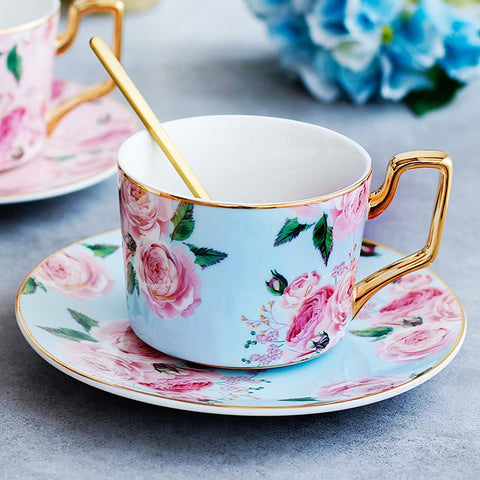 Blue Coffee Cups with Gold Trim and Gift Box, British Tea Cups, Porcelain Coffee Cups, Rose Flower Tea Cups and Saucers, Latte Coffee Cups-Silvia Home Craft