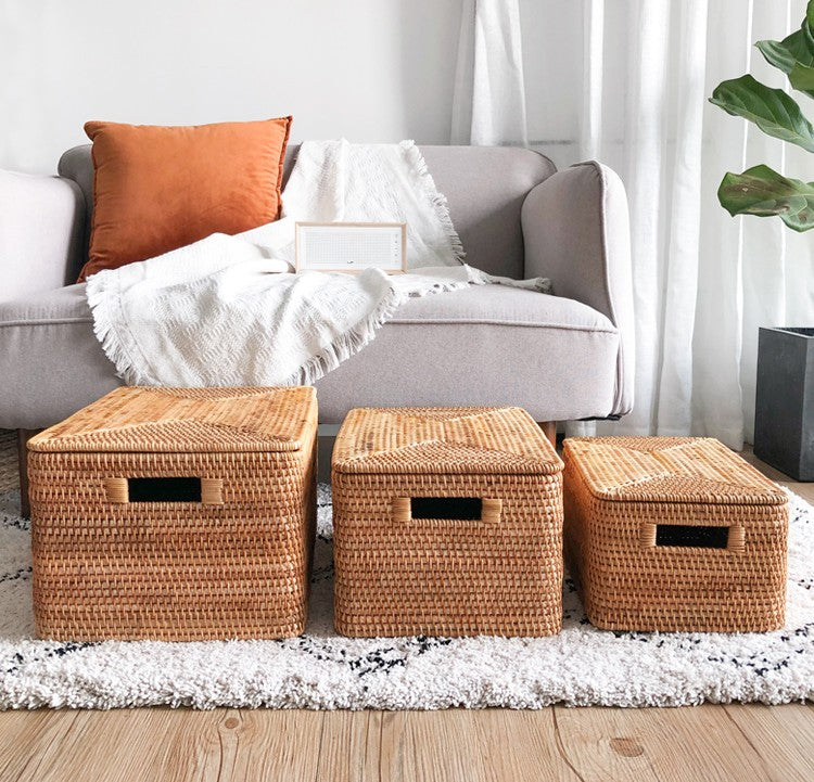 Kitchen Storage Basket With Lid, Rectangular Woven Rattan Bin with Cover, Seagrass Style Countertop Organizer, Airtight Pantry Storage Box, Natural Handmade Container