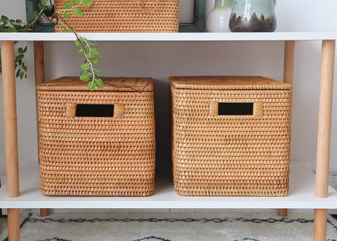 Square Storage Basket with Lid, Extra Large Storage Baskets for Clothes, Rattan Storage Basket for Shelves, Oversized Storage Baskets for Kitchen-Silvia Home Craft