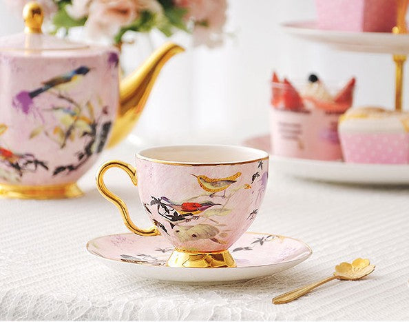 Elegant Pink Ceramic Coffee Cups, Unique Bird Flower Tea Cup and Saucer in Gift Box as Birthday Gift, Beautiful British Tea Cups, Royal Porcelain Tea Cup Set-Silvia Home Craft