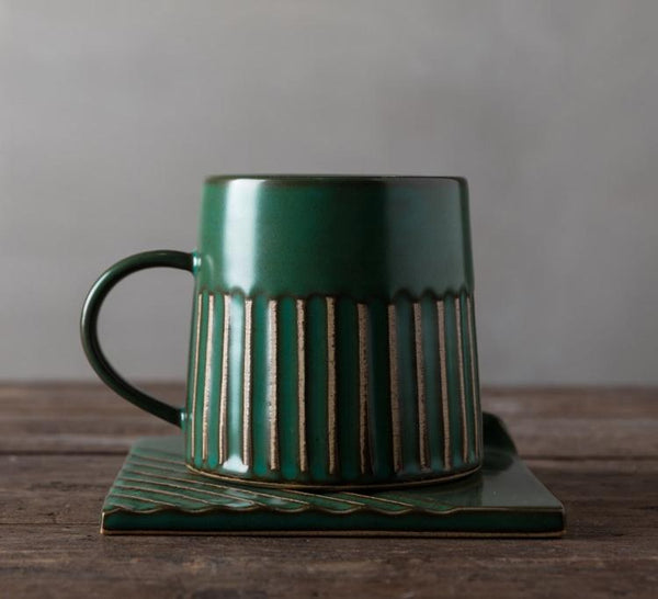 Coffee Cup and Saucer Set, Latte Coffee Cup, 10 oz Cappuccino Coffee Mug, Large Coffee Cup, Pottery Coffee Cups-Silvia Home Craft