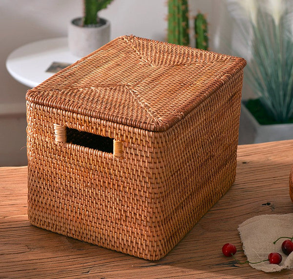 Rectangular Storage Basket with Lid, Rattan Storage Baskets for Clothes, Kitchen Storage Baskets, Oversized Storage Baskets for Living Room-Silvia Home Craft