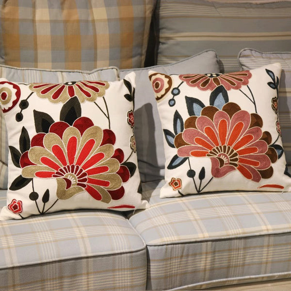 Sofa Decorative Pillows, Embroider Flower Cotton Pillow Covers, Flower Decorative Throw Pillows for Couch, Farmhouse Decorative Throw Pillows-Silvia Home Craft