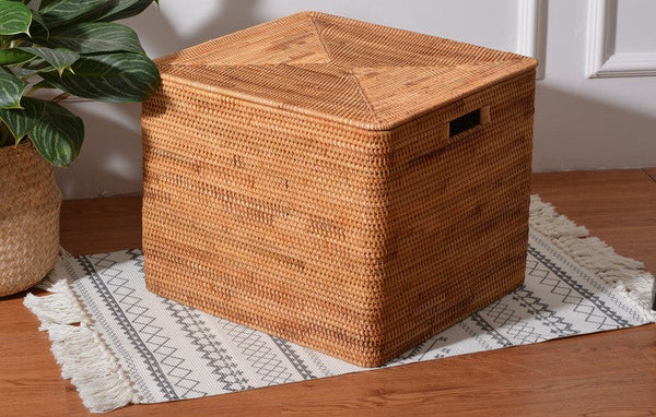 Rectangular Storage Basket with Lid, Rattan Storage Baskets for Clothes, Kitchen Storage Baskets, Oversized Storage Baskets for Living Room-Silvia Home Craft