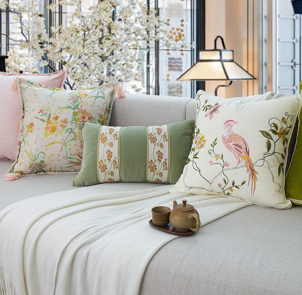 Decorative Pillows for Bed, Living Room Decorative Pillows, Modern Decorative Cushions, Decorative Pillow Arrangement Ideas for Interior Design, Embroidered Floral Bird Pattern Pillow Covers-Silvia Home Craft