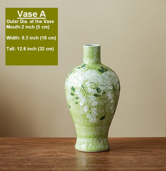 Centerpiece Ceramic Bud Vases, Large Flower Vases on Table, Green Porcelain Flower Vases, Handmade Water Holding Flower Vase-Silvia Home Craft