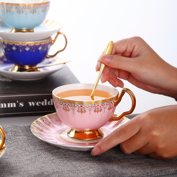 Unique British Tea Cup and Saucer in Gift Box, Pink Blue White Bone China Porcelain Tea Cup Set, Elegant British Ceramic Coffee Cups for Afternoon Tea-Silvia Home Craft