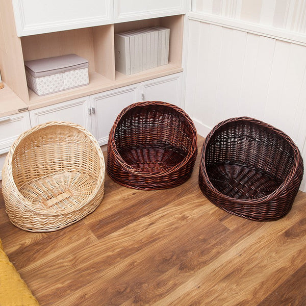 Natural Wicker Cat House Basket with Washable Cushion for Indoor Cats and Dogs, Hand woven Rattan Cat Bed-Silvia Home Craft