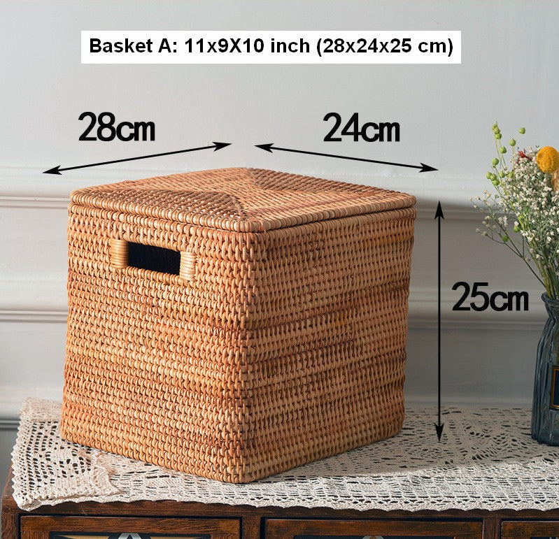 Rectangular Storage Basket with Lid, Rattan Storage Basket for Shelves, Extra Large Storage Baskets for Bedroom, Storage Baskets for Clothes-Silvia Home Craft