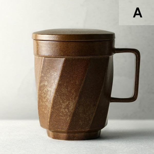 Large Modern Handmade Pottery Coffee Cup, Creative Brown Green Blue Black Ceramic Coffee Mugs, Large Unique Tea Cup, Large Capacity Coffee Mug with Cover-Silvia Home Craft