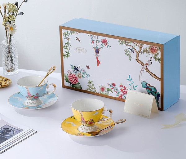 Elegant Oriental Pheasant Ceramic Cups, Beautiful Bird Pattern Tea Cups, 8 oz Porcelain Tea Cup Saucer Set of 2 Cups, Unique Tea Cup and Saucer in Gift Box-Silvia Home Craft