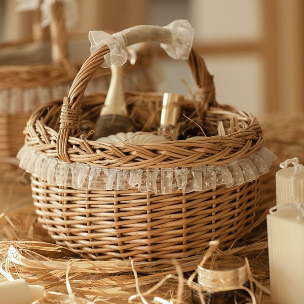 Storage Basket for Kitchen, Picnic Storage Basket with Handle, Hand-woven Wicker Storage Basket, Natural Fruit Basket, Willow Weaving Baskets for Shelves-Silvia Home Craft