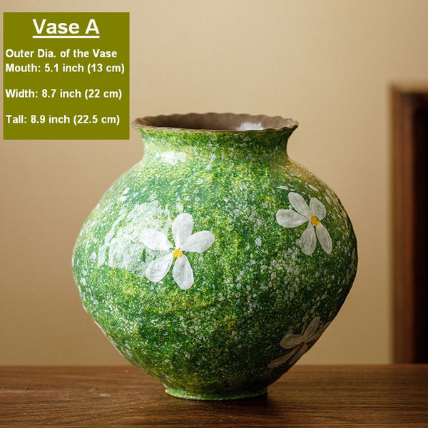 Modern Pottery Flower Vases, Centerpiece on Dining Table, Handmade Water Holding Flower Vases, Pottery Bud Vases, Large Green Flower Vases on Table-Silvia Home Craft