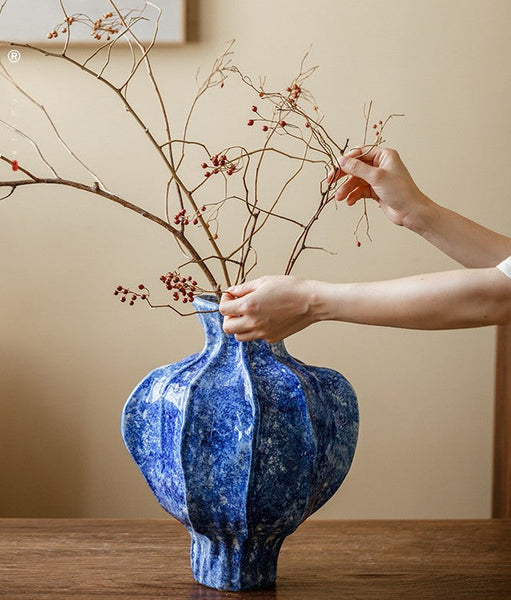 Handmade Water Holding Flower Vases, Centerpiece on Dining Table, Blue Ceramic Bud Vases, Tall Flower Vases on Table, Modern Pottery Flower Vases-Silvia Home Craft