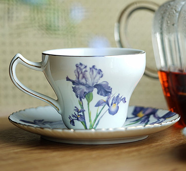 Beautiful Bone China Porcelain Tea Cup Set, Iris Flower British Tea Cups, Traditional English Tea Cups and Saucers, Unique Ceramic Coffee Cups in Gift Box-Silvia Home Craft