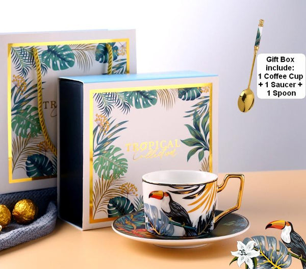 Coffee Cups with Gold Trim and Gift Box, Jungle Leopard Pattern Porcelain Coffee Cups, 7.4 oz Tea Cup and Saucer-Silvia Home Craft