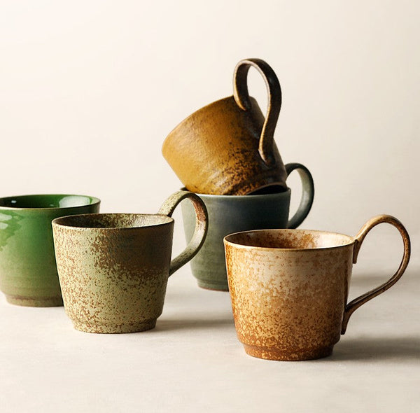 Modern Handmade Pottery Coffee Cup, Creative Brown Green Blue Ceramic Coffee Mugs, Large Unique Tea Cup, Large Capacity Coffee Cups-Silvia Home Craft