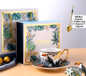 Elegant Tea Cups and Saucers, Jungle Toucan Pattern Porcelain Coffee Cups, Coffee Cups with Gold Trim and Gift Box-Silvia Home Craft