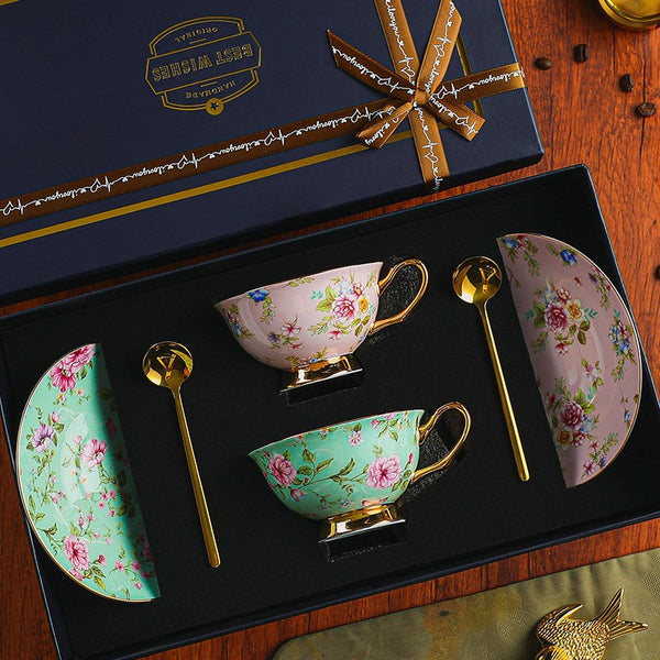 Floral Ceramic Coffee Cup with Saucer Set of 2 Cups, Creative Porcelain Tea Cup Saucer Set, 6.8 oz Tea Cup and Saucer in Gift Box, Beautiful British Tea Cup and Saucer-Silvia Home Craft