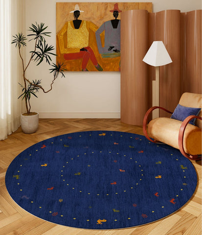 Blue Circular Modern Rugs for Bathroom, Geometric Modern Rug Ideas for Living Room, Modern Rugs for Children's Room, Abstract Contemporary Round Rugs for Dining Room-Silvia Home Craft