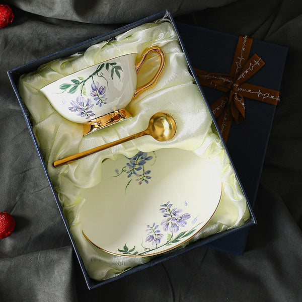 Elegant Ceramic Coffee Cup and Saucer, 7.4 oz Floral Porcelain Tea Cup and Saucer Set, Flower Porcelain Cup and Saucer Set, Beautiful British Flower Tea Cups-Silvia Home Craft