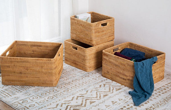 Rattan Storage Baskets for Kitchen, Rectangular Storage Baskets for Pantry, Storage Baskets for Shelves, Woven Storage Baskets for Bathroom-Silvia Home Craft