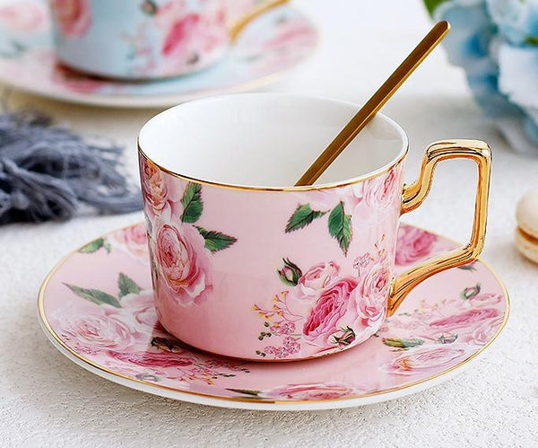Blue Coffee Cups with Gold Trim and Gift Box, British Tea Cups, Porcelain Coffee Cups, Rose Flower Tea Cups and Saucers, Latte Coffee Cups-Silvia Home Craft
